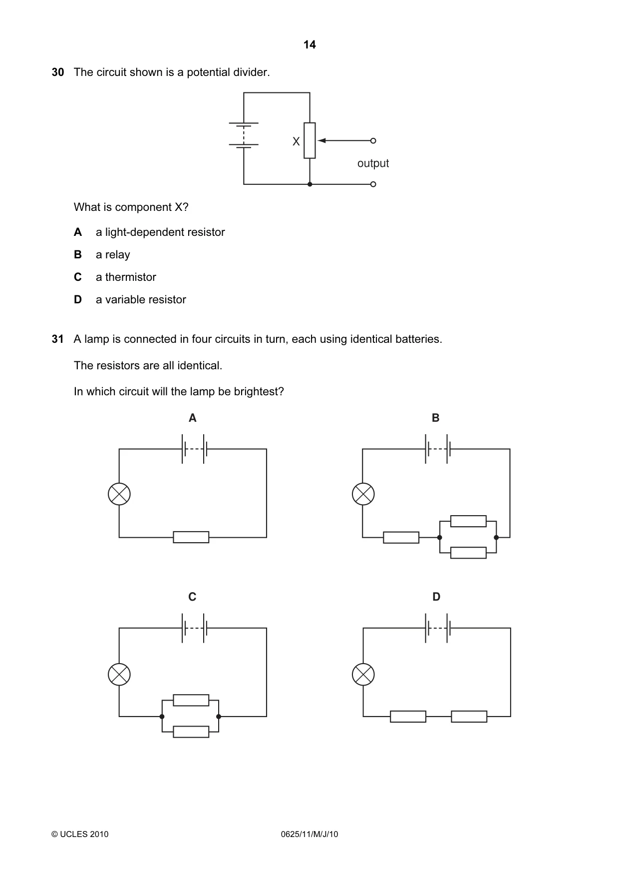 Cambridge IGCSE Physics 0625 2010 May/June Paper 1 · Variant 1 question paper, page 14 of 20