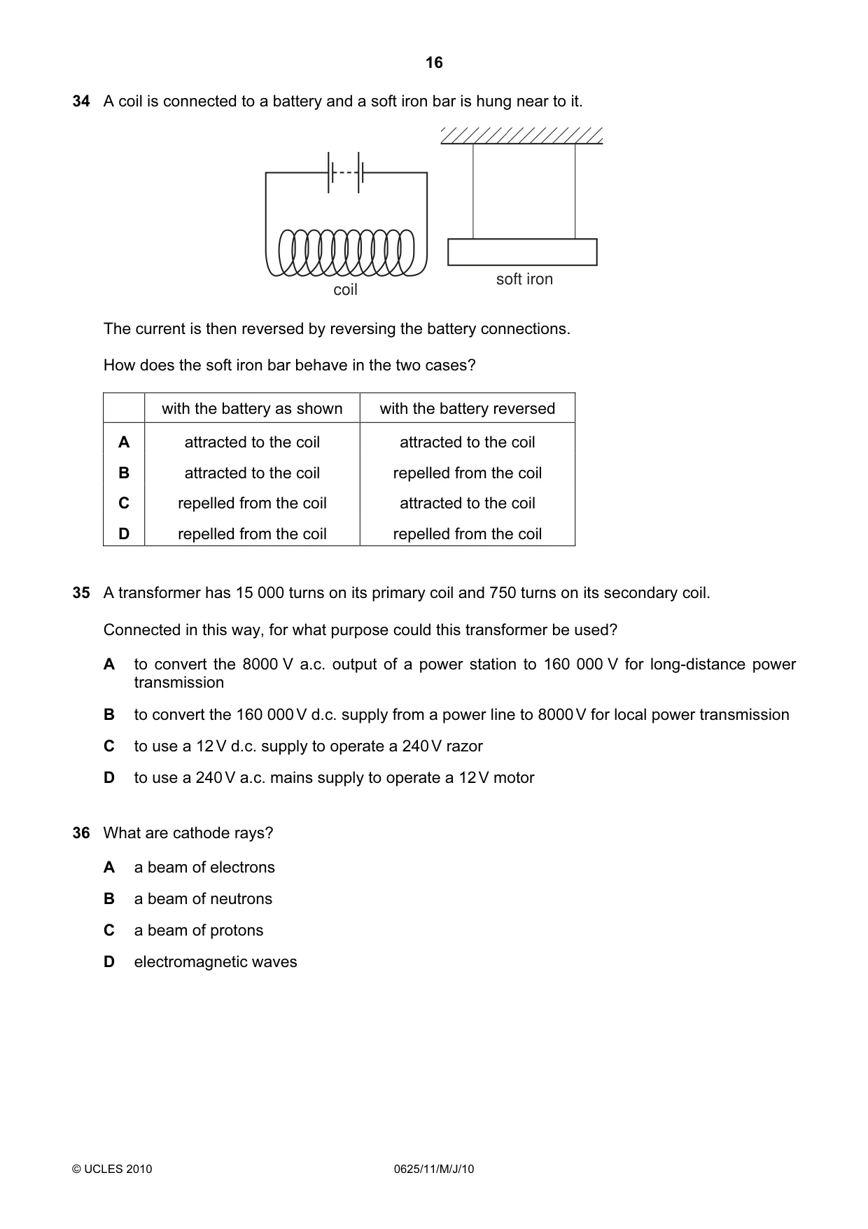 Cambridge IGCSE Physics 0625 2010 May/June Paper 1 · Variant 1 question paper, page 16 of 20
