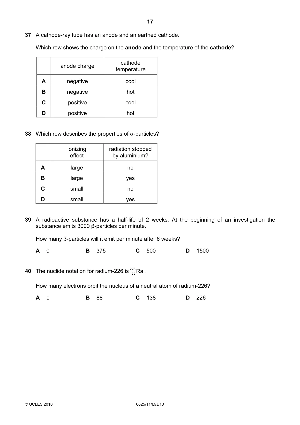 Cambridge IGCSE Physics 0625 2010 May/June Paper 1 · Variant 1 question paper, page 17 of 20