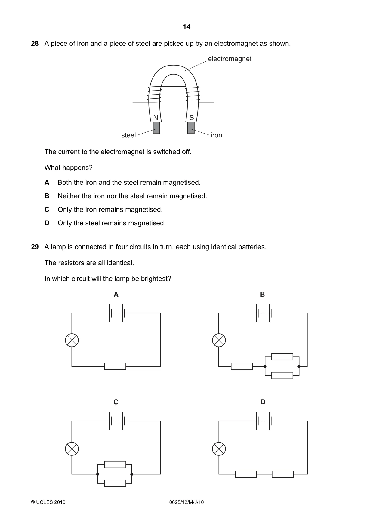 Cambridge IGCSE Physics 0625 2010 May/June Paper 1 · Variant 2 question paper, page 14 of 20