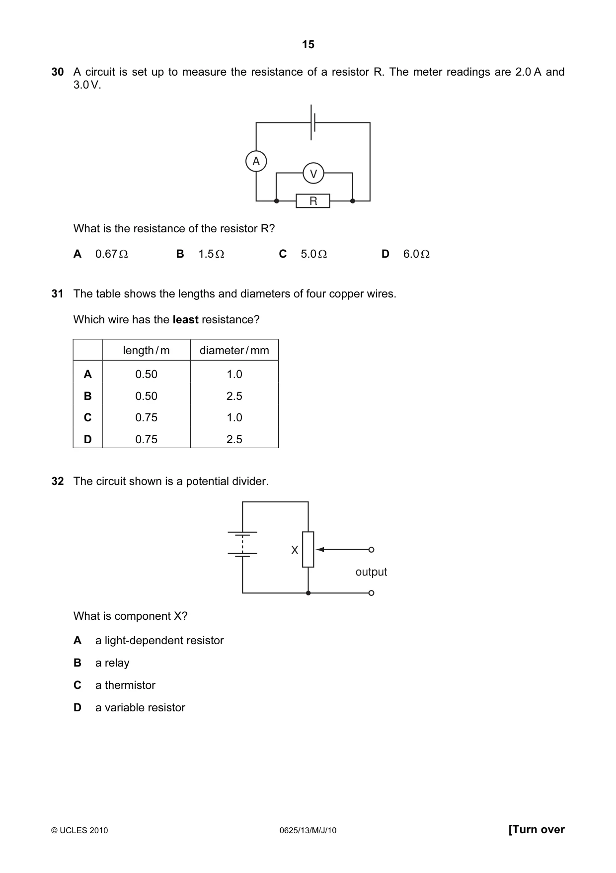 Cambridge IGCSE Physics 0625 2010 May/June Paper 1 · Variant 3 question paper, page 15 of 20