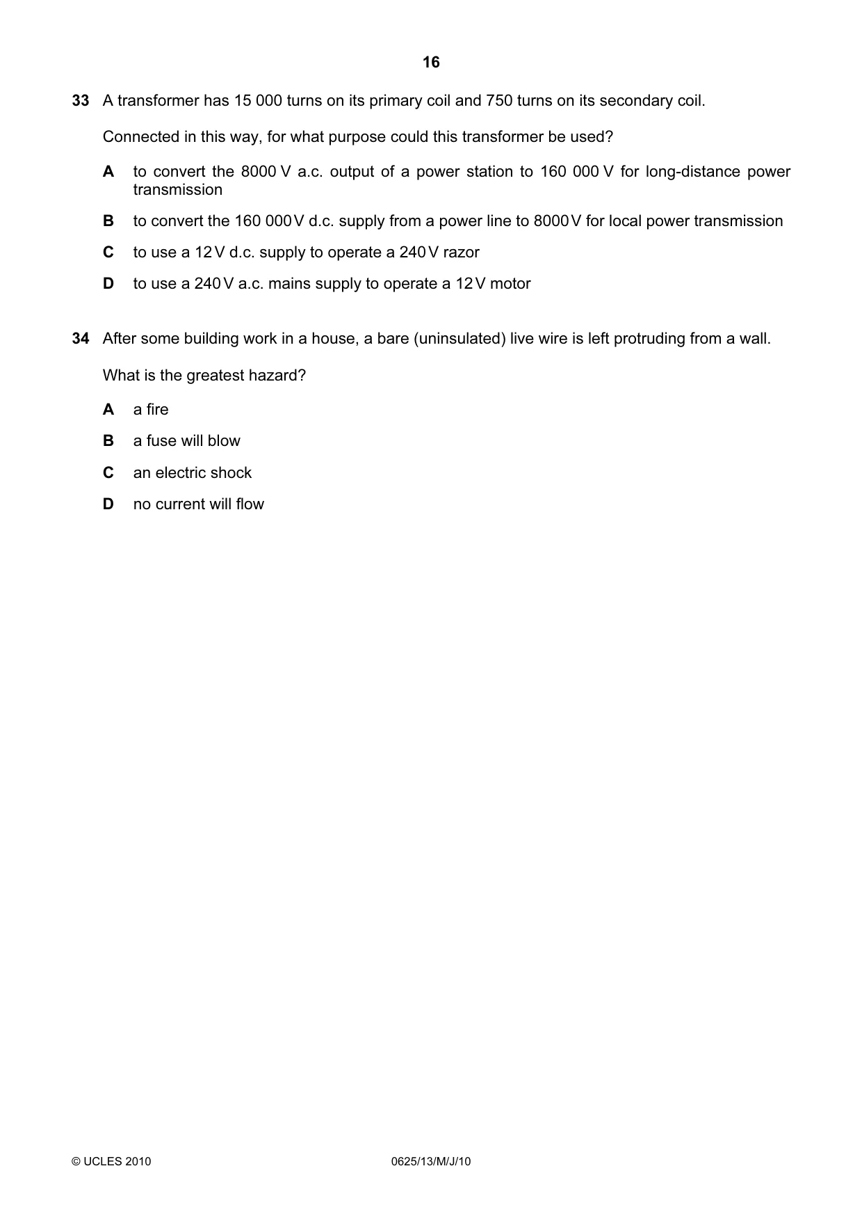 Cambridge IGCSE Physics 0625 2010 May/June Paper 1 · Variant 3 question paper, page 16 of 20