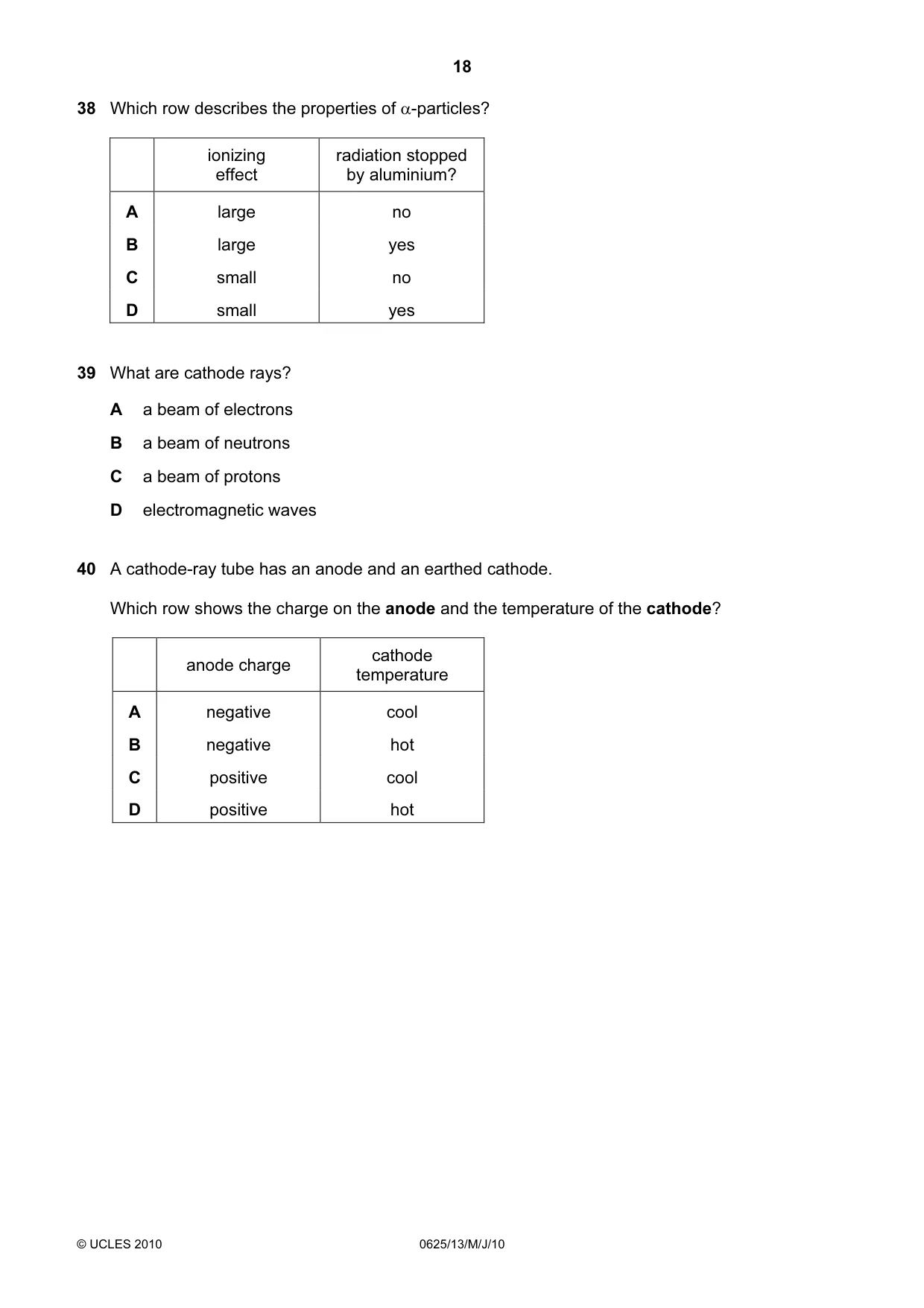 Cambridge IGCSE Physics 0625 2010 May/June Paper 1 · Variant 3 question paper, page 18 of 20