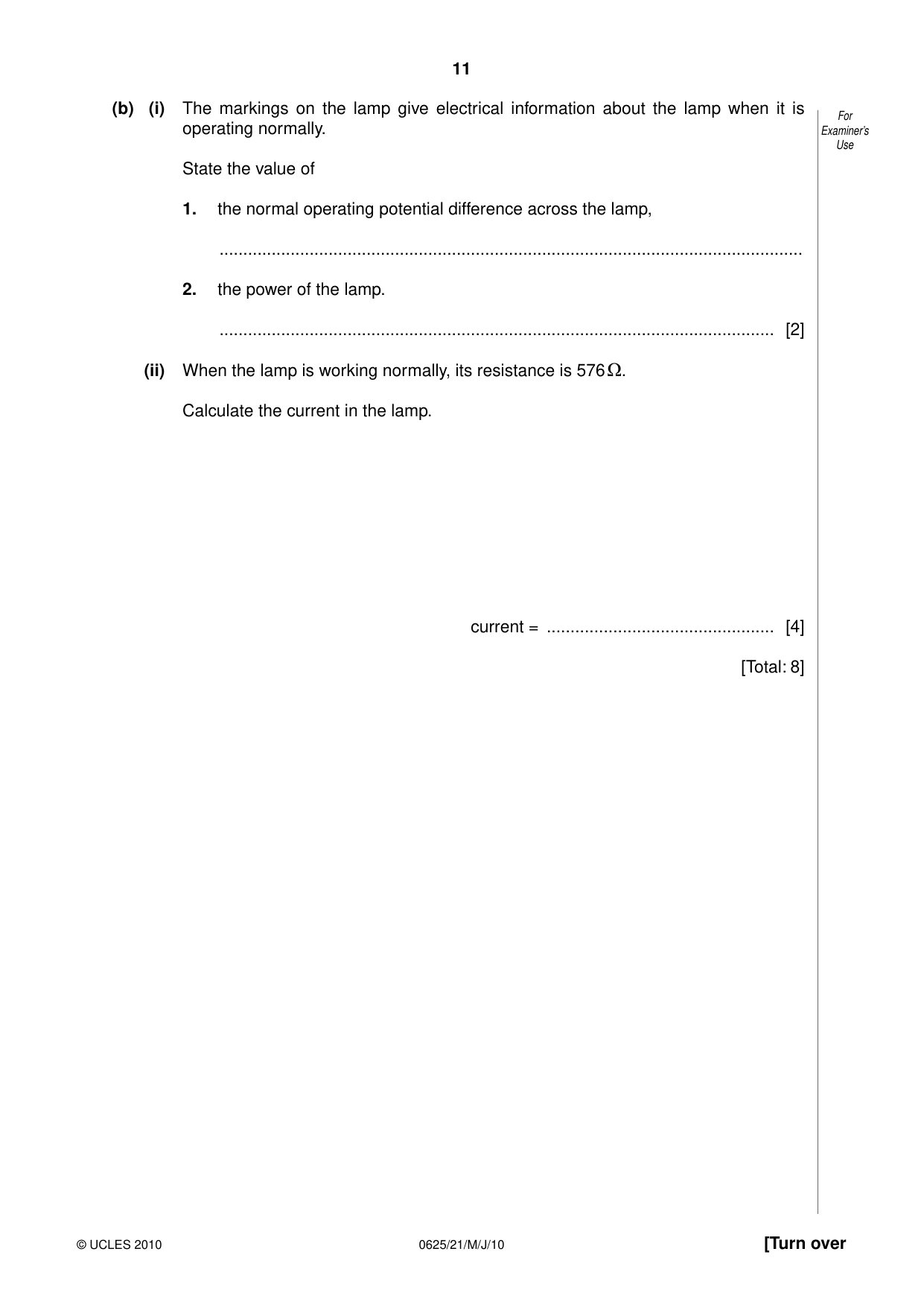 Cambridge IGCSE Physics 0625 2010 May/June Paper 2 · Variant 1 question paper, page 11 of 20