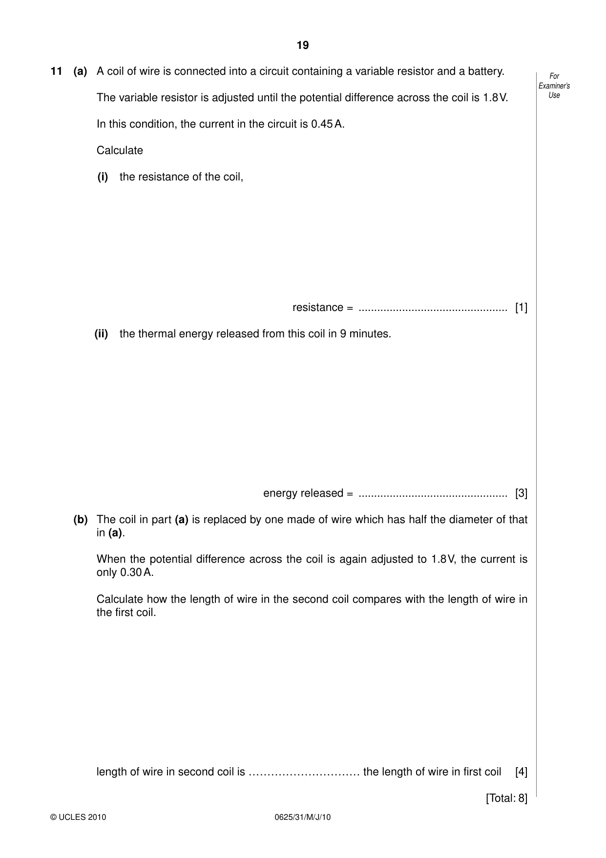 Cambridge IGCSE Physics 0625 2010 May/June Paper 3 · Variant 1 question paper, page 19 of 20