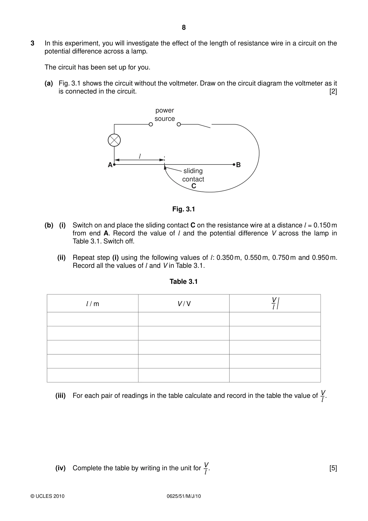 Cambridge IGCSE Physics 0625 2010 May/June Paper 5 · Variant 1 question paper, page 8 of 12