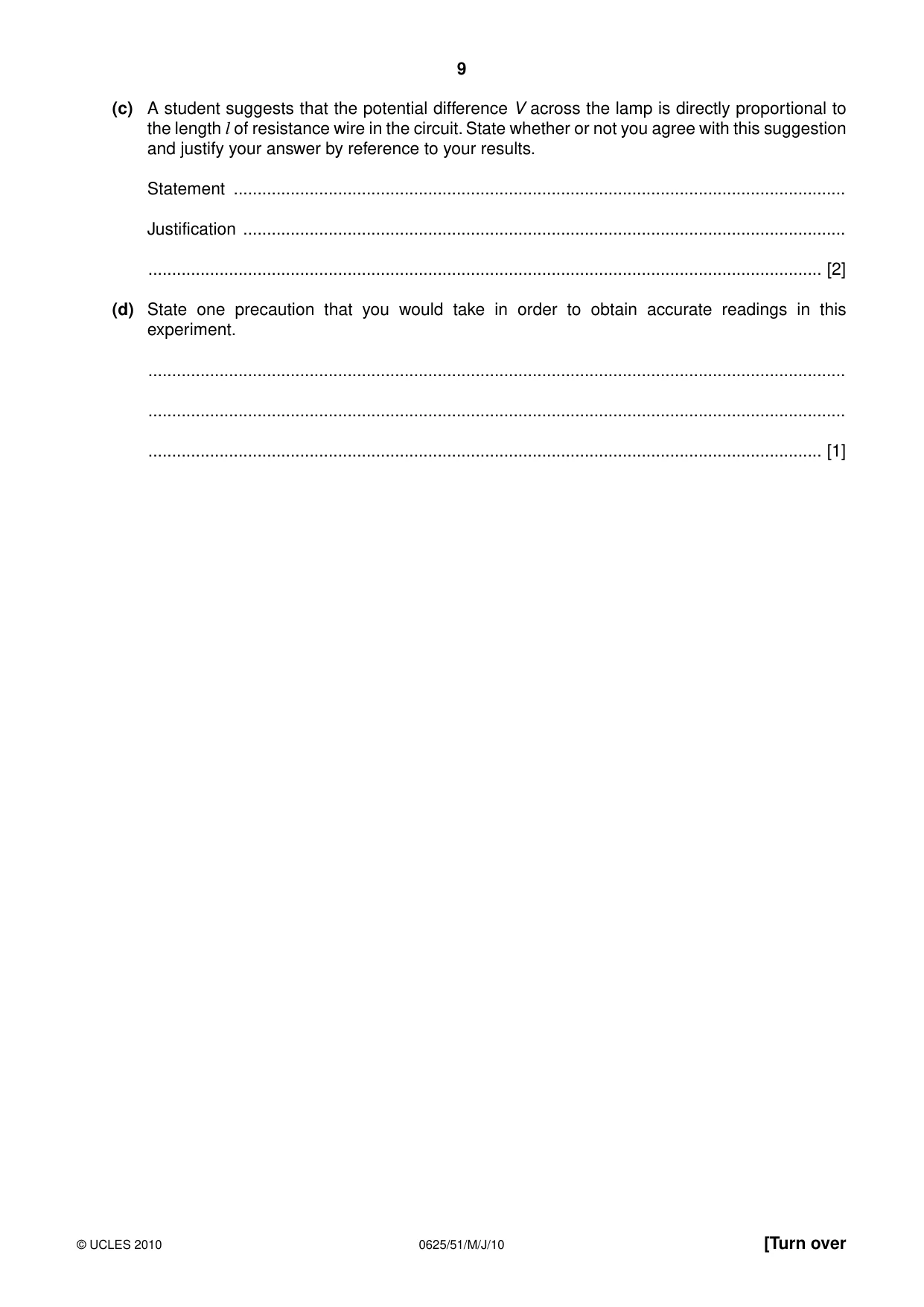 Cambridge IGCSE Physics 0625 2010 May/June Paper 5 · Variant 1 question paper, page 9 of 12