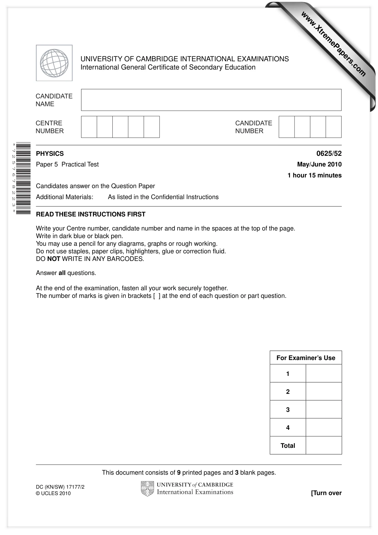 Cambridge IGCSE Physics 0625 2010 May/June Paper 5 · Variant 2 question paper, page 1 of 12