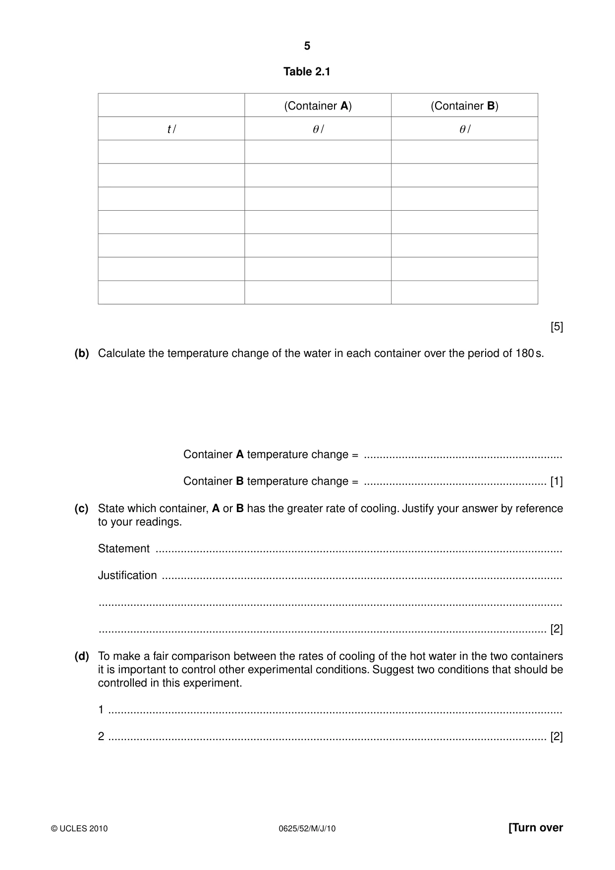 Cambridge IGCSE Physics 0625 2010 May/June Paper 5 · Variant 2 question paper, page 5 of 12