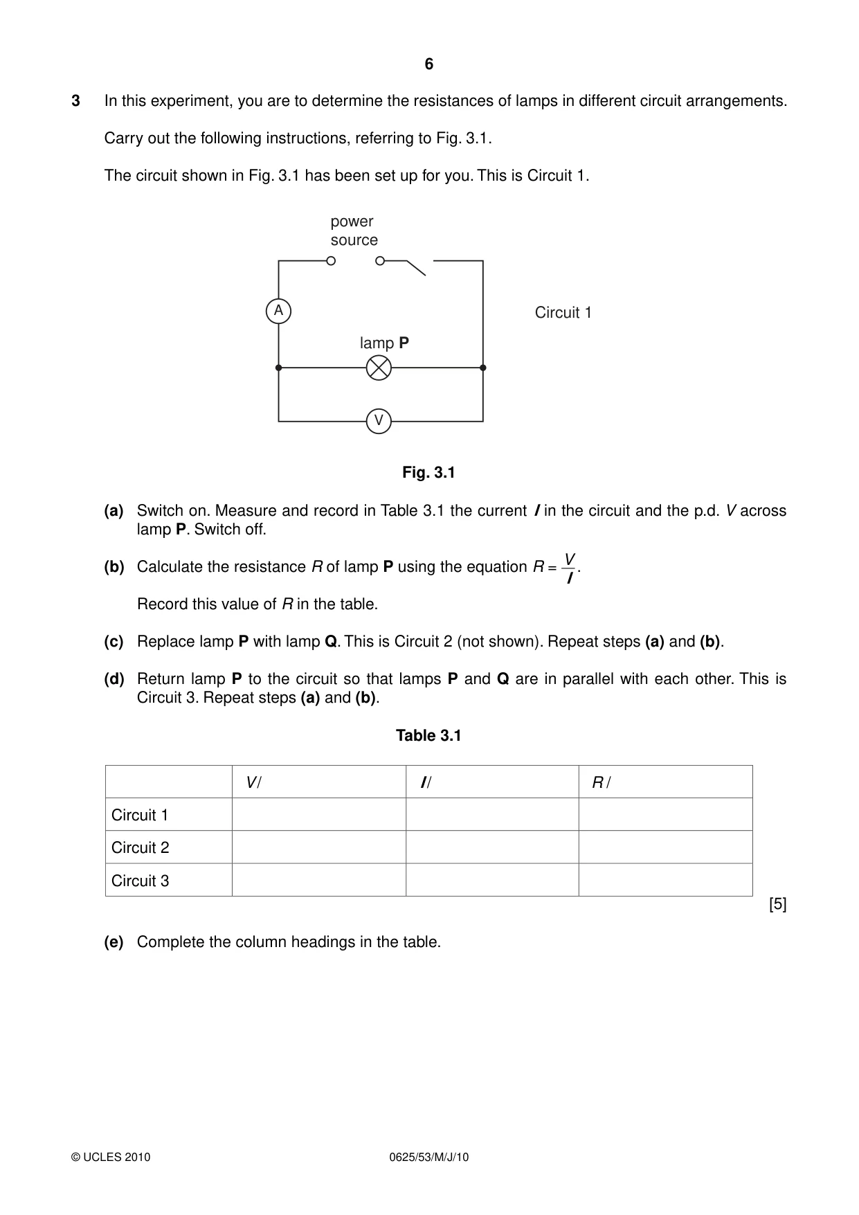 Cambridge IGCSE Physics 0625 2010 May/June Paper 5 · Variant 3 question paper, page 6 of 12