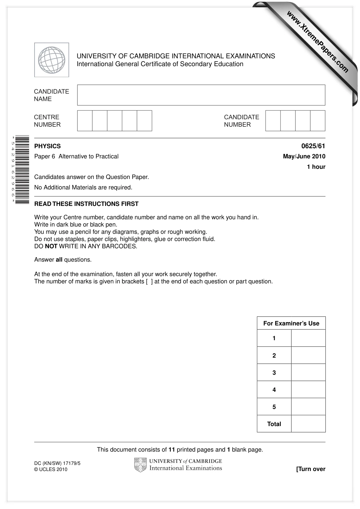 Cambridge IGCSE Physics 0625 2010 May/June Paper 6 · Variant 1 question paper, page 1 of 12
