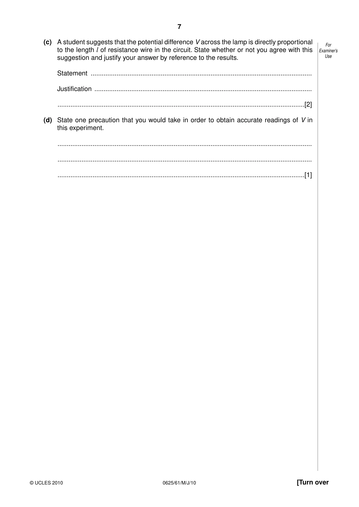 Cambridge IGCSE Physics 0625 2010 May/June Paper 6 · Variant 1 question paper, page 7 of 12
