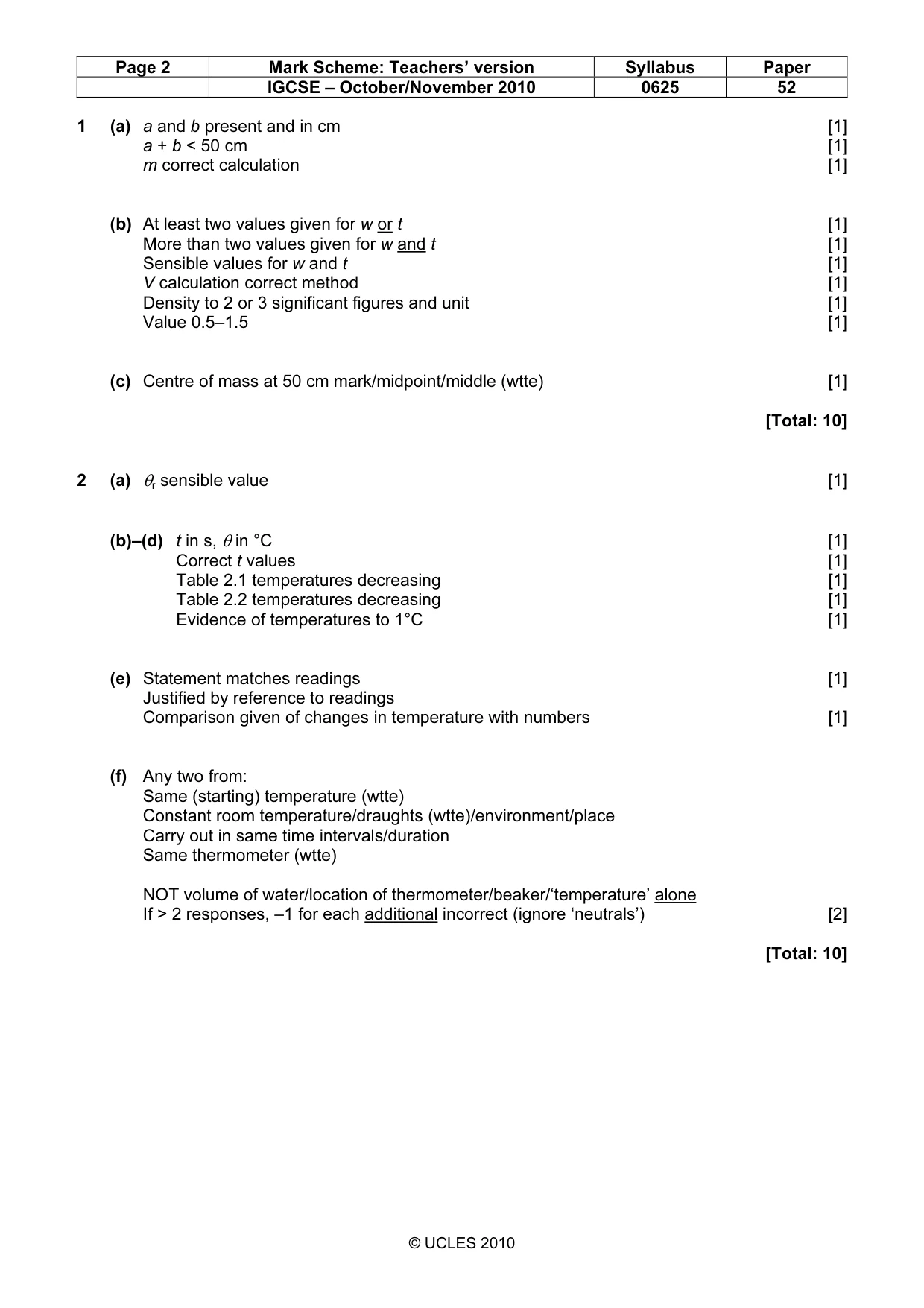 Mark scheme, page 2 of 3