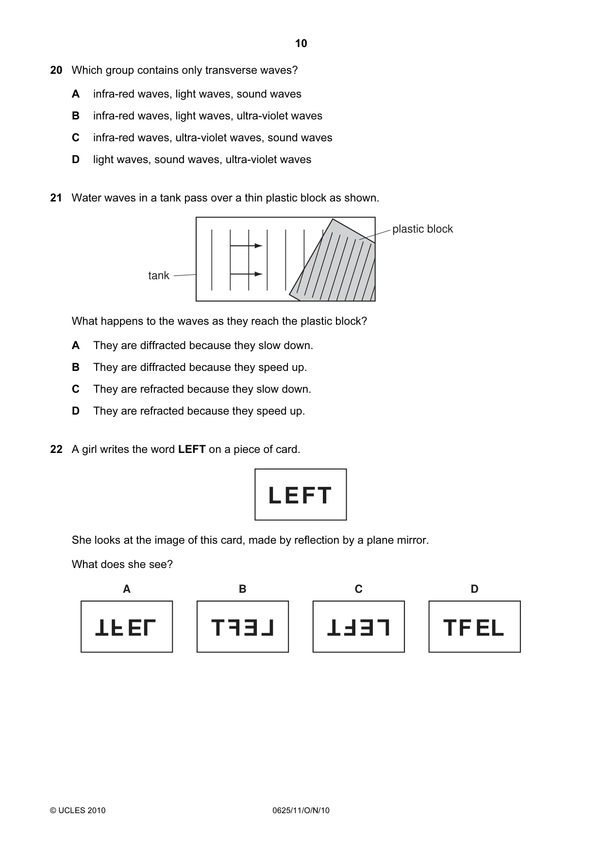 Cambridge IGCSE Physics 0625 2010 Oct/Nov Paper 1 · Variant 1 question paper, page 10 of 20