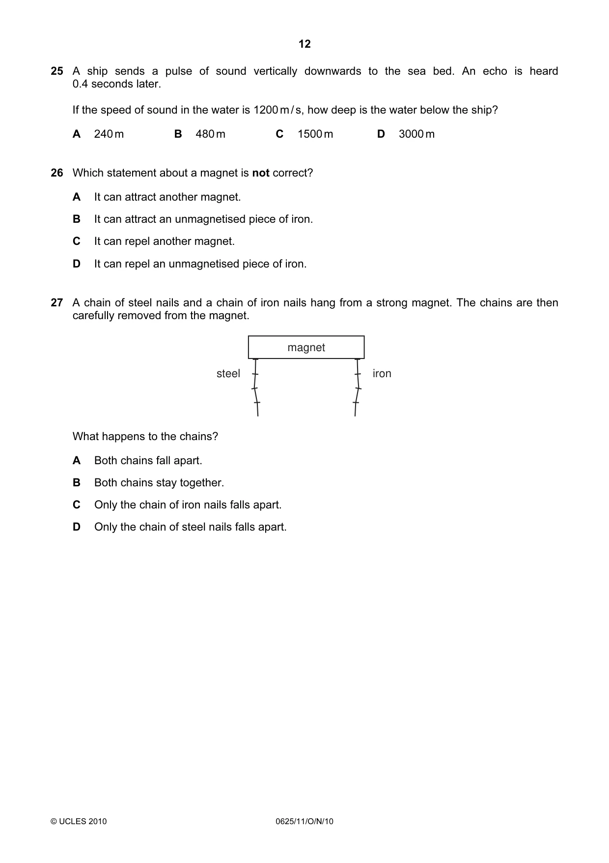 Cambridge IGCSE Physics 0625 2010 Oct/Nov Paper 1 · Variant 1 question paper, page 12 of 20