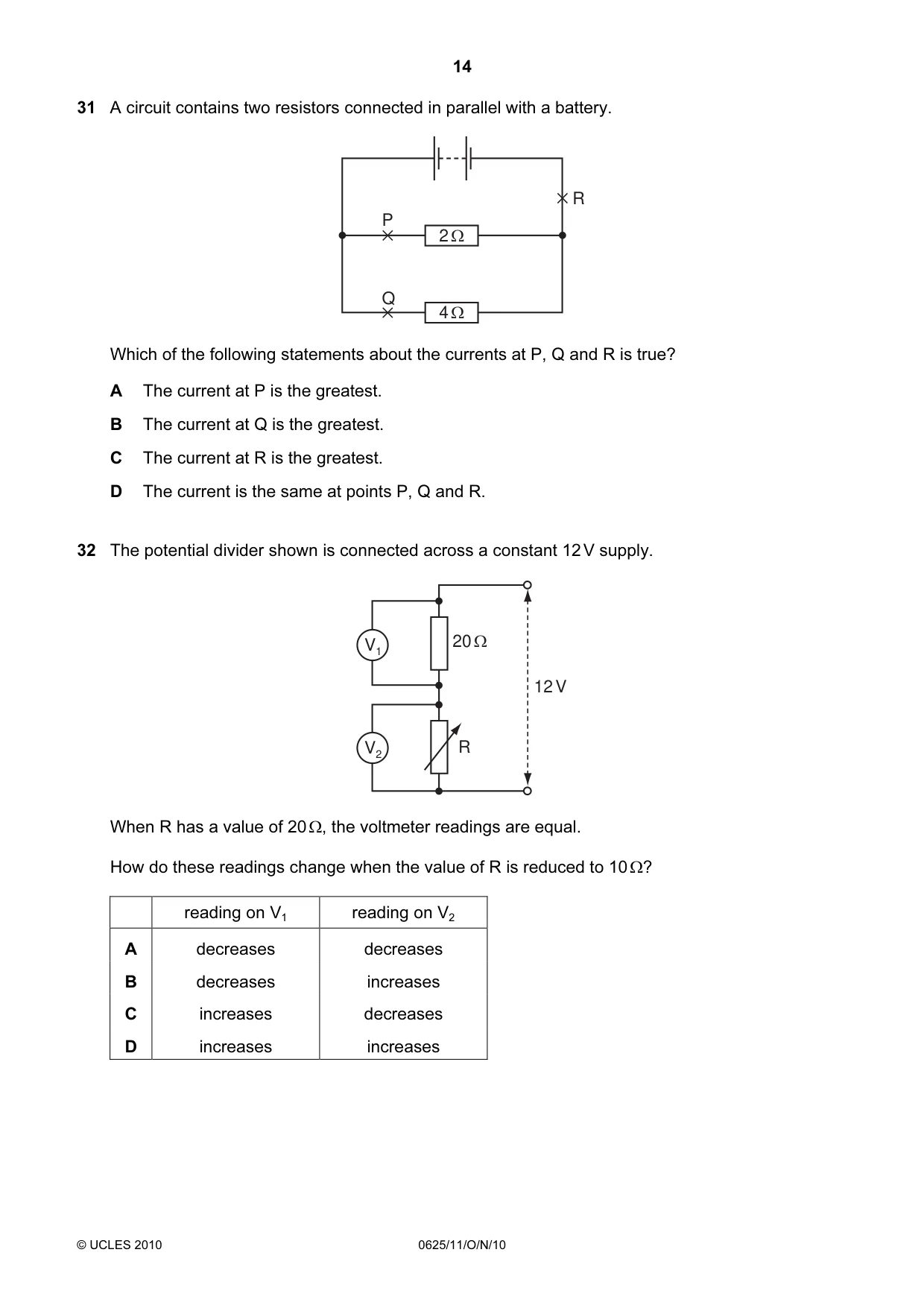 Cambridge IGCSE Physics 0625 2010 Oct/Nov Paper 1 · Variant 1 question paper, page 14 of 20