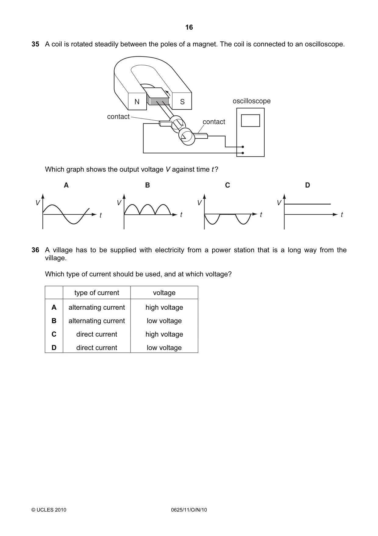 Cambridge IGCSE Physics 0625 2010 Oct/Nov Paper 1 · Variant 1 question paper, page 16 of 20