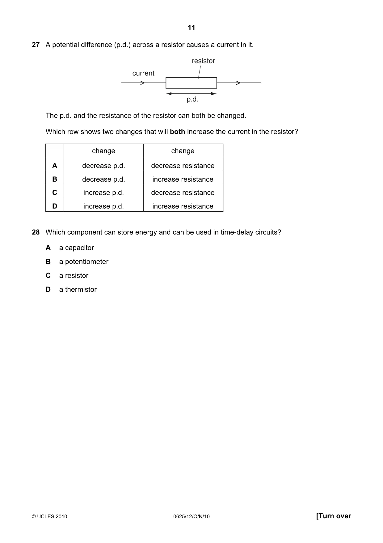 Cambridge IGCSE Physics 0625 2010 Oct/Nov Paper 1 · Variant 2 question paper, page 11 of 20