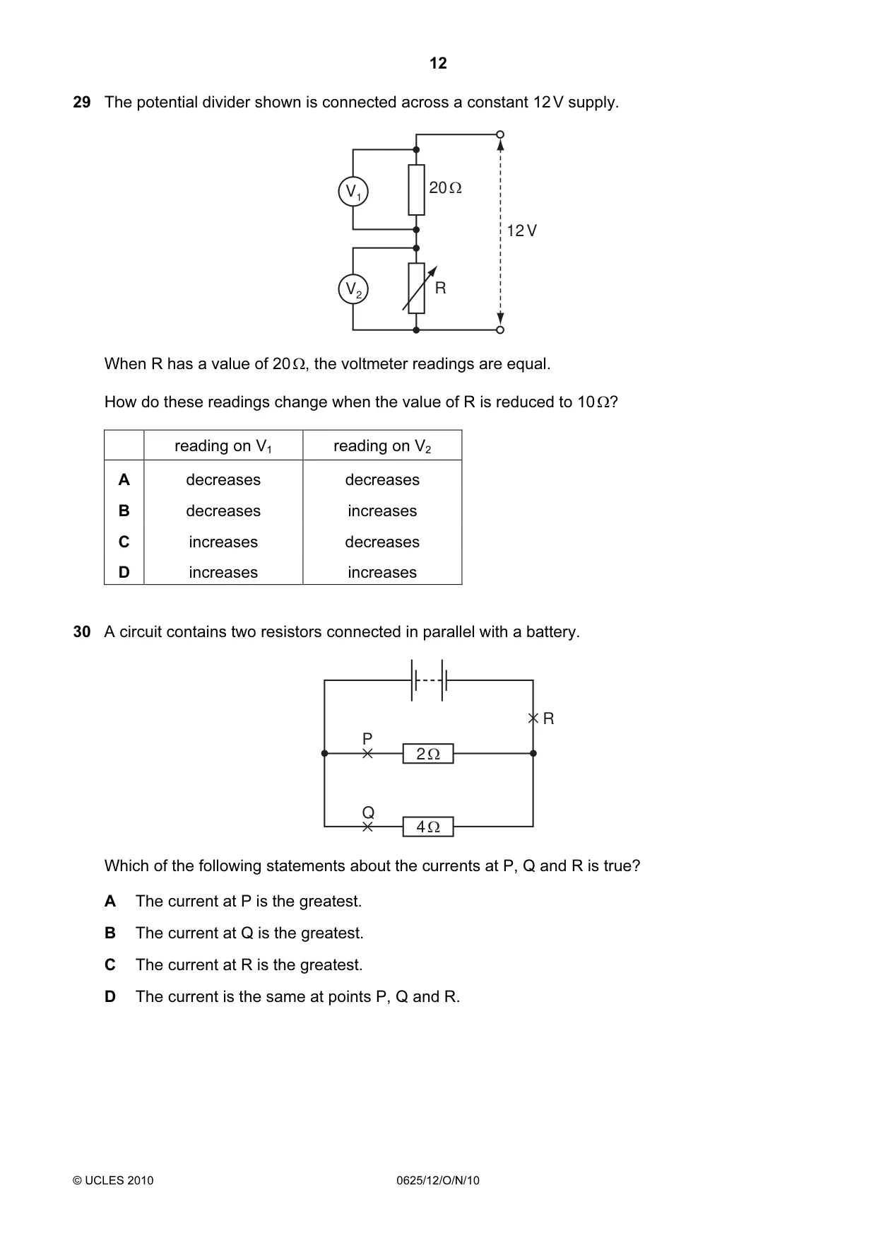 Cambridge IGCSE Physics 0625 2010 Oct/Nov Paper 1 · Variant 2 question paper, page 12 of 20