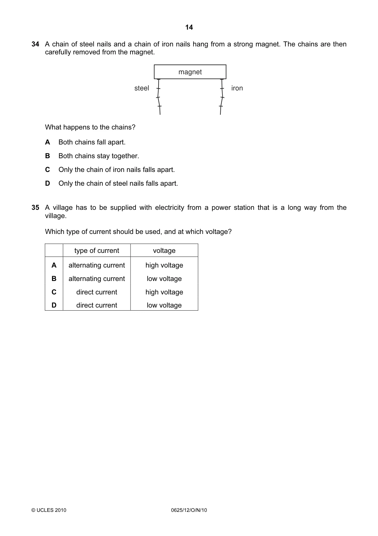 Cambridge IGCSE Physics 0625 2010 Oct/Nov Paper 1 · Variant 2 question paper, page 14 of 20