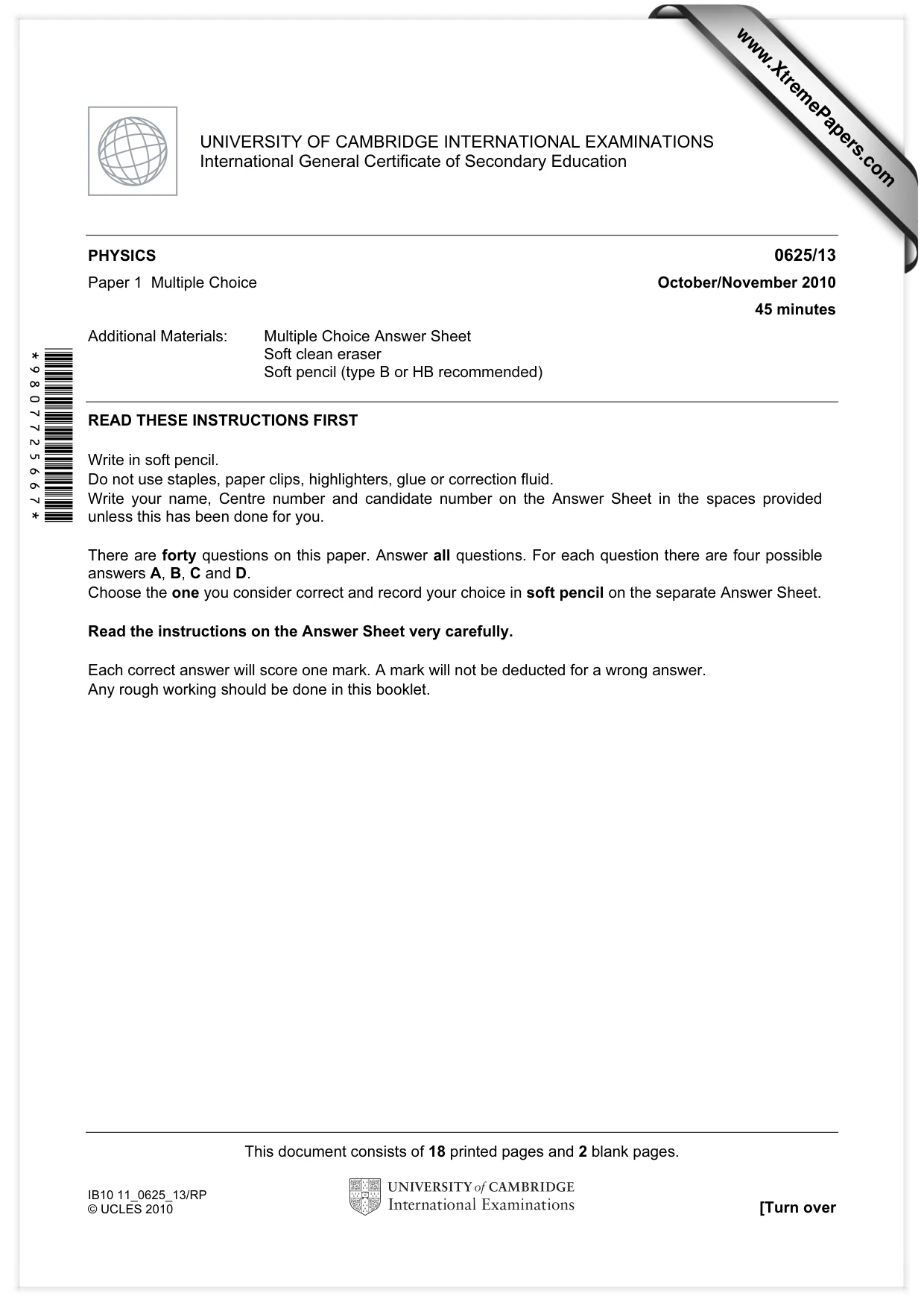 Cambridge IGCSE Physics 0625 2010 Oct/Nov Paper 1 · Variant 3 question paper, page 1 of 20