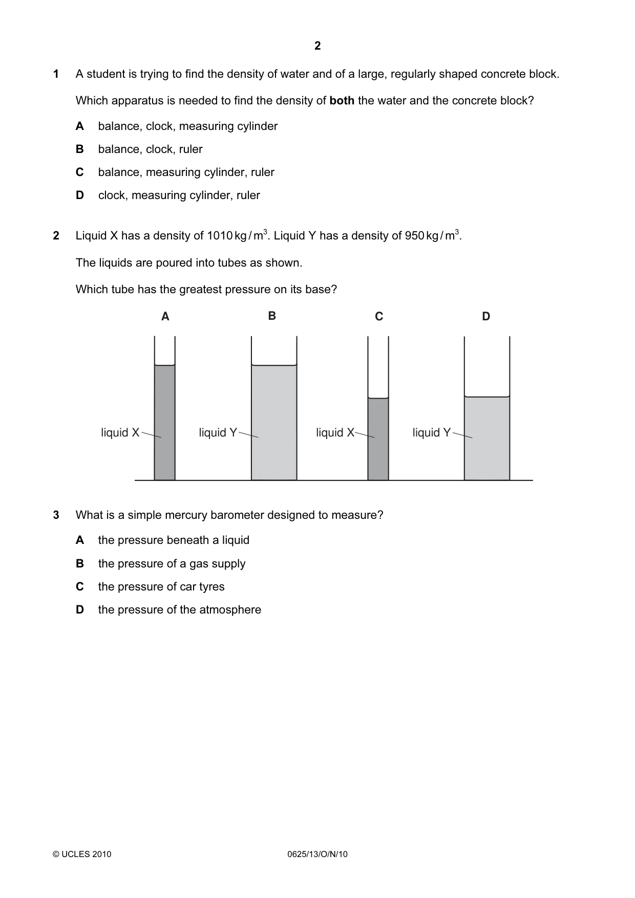 Cambridge IGCSE Physics 0625 2010 Oct/Nov Paper 1 · Variant 3 question paper, page 2 of 20