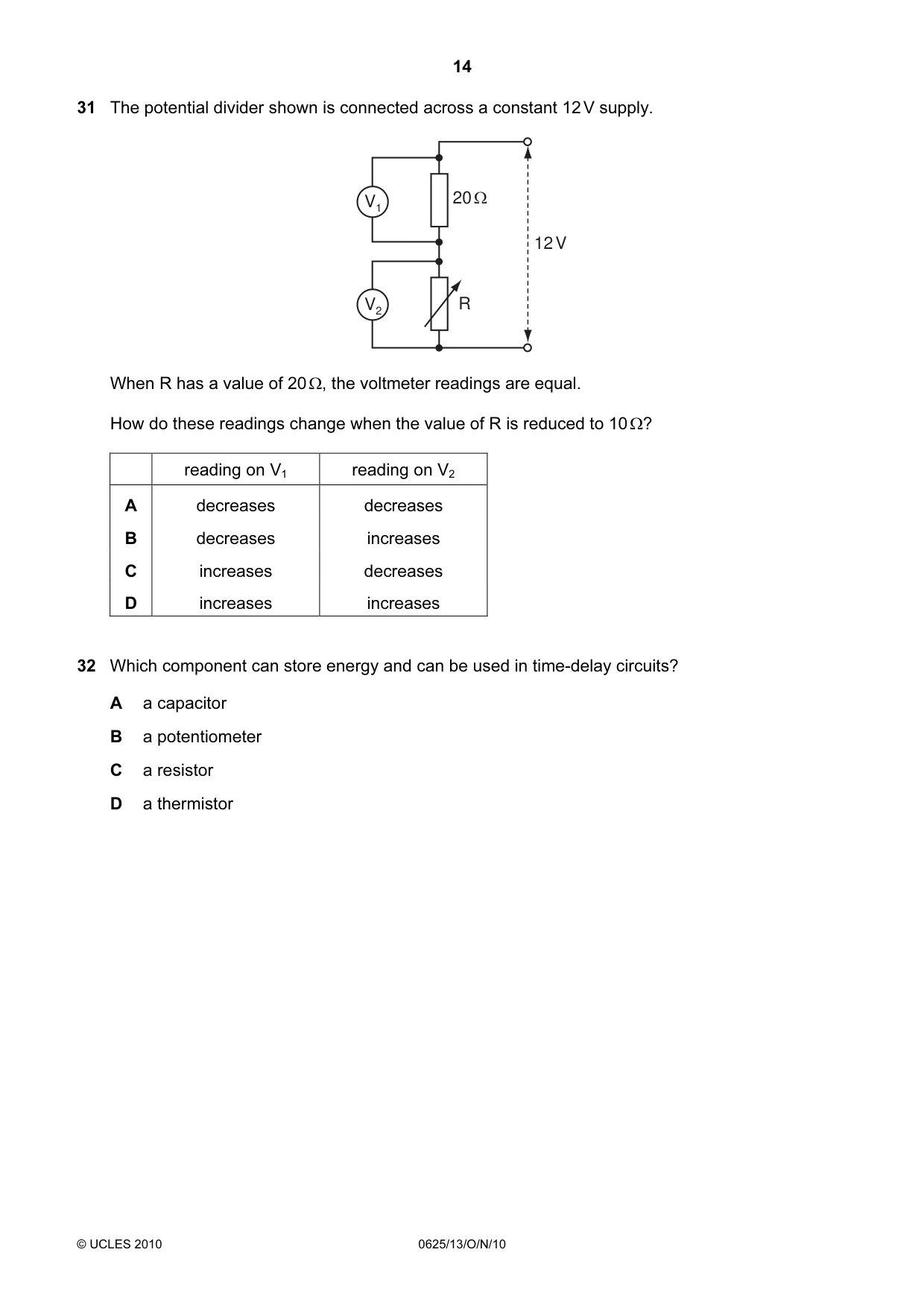 Cambridge IGCSE Physics 0625 2010 Oct/Nov Paper 1 · Variant 3 question paper, page 14 of 20