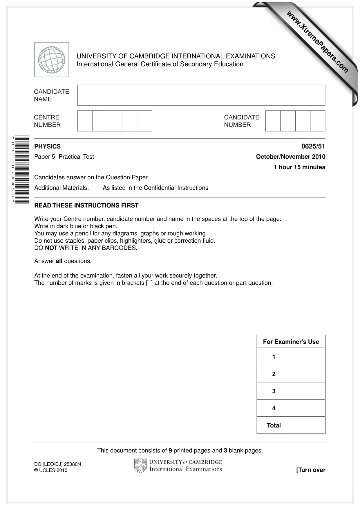 Cambridge IGCSE Physics 0625 2010 Oct/Nov Paper 5 · Variant 1 question paper, page 1 of 12