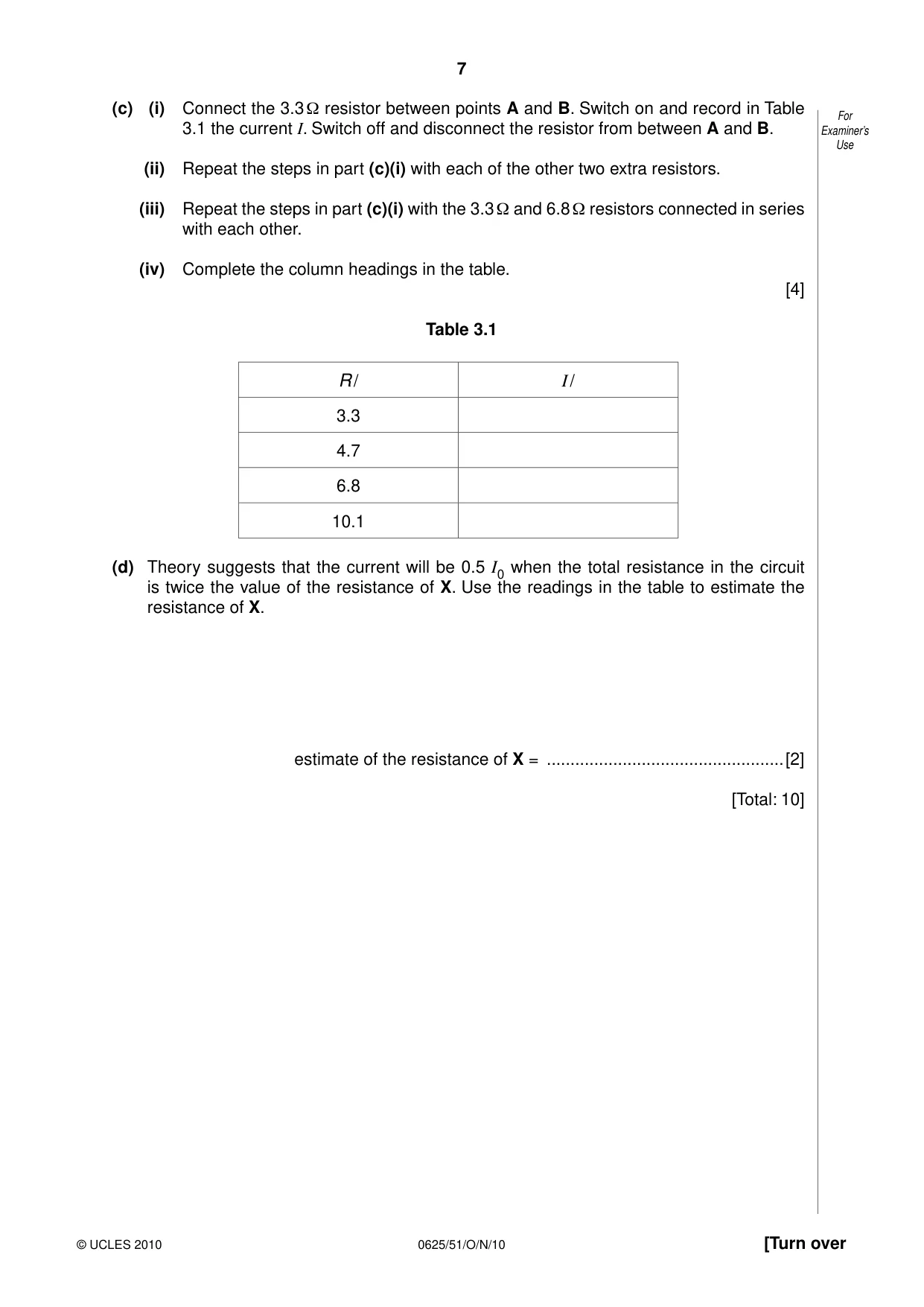 Cambridge IGCSE Physics 0625 2010 Oct/Nov Paper 5 · Variant 1 question paper, page 7 of 12