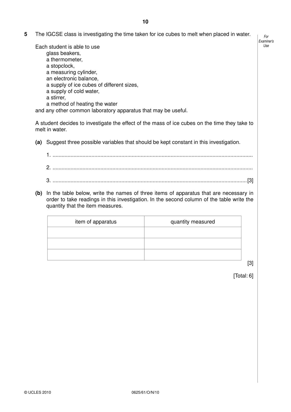 Cambridge IGCSE Physics 0625 2010 Oct/Nov Paper 6 · Variant 1 question paper, page 10 of 12