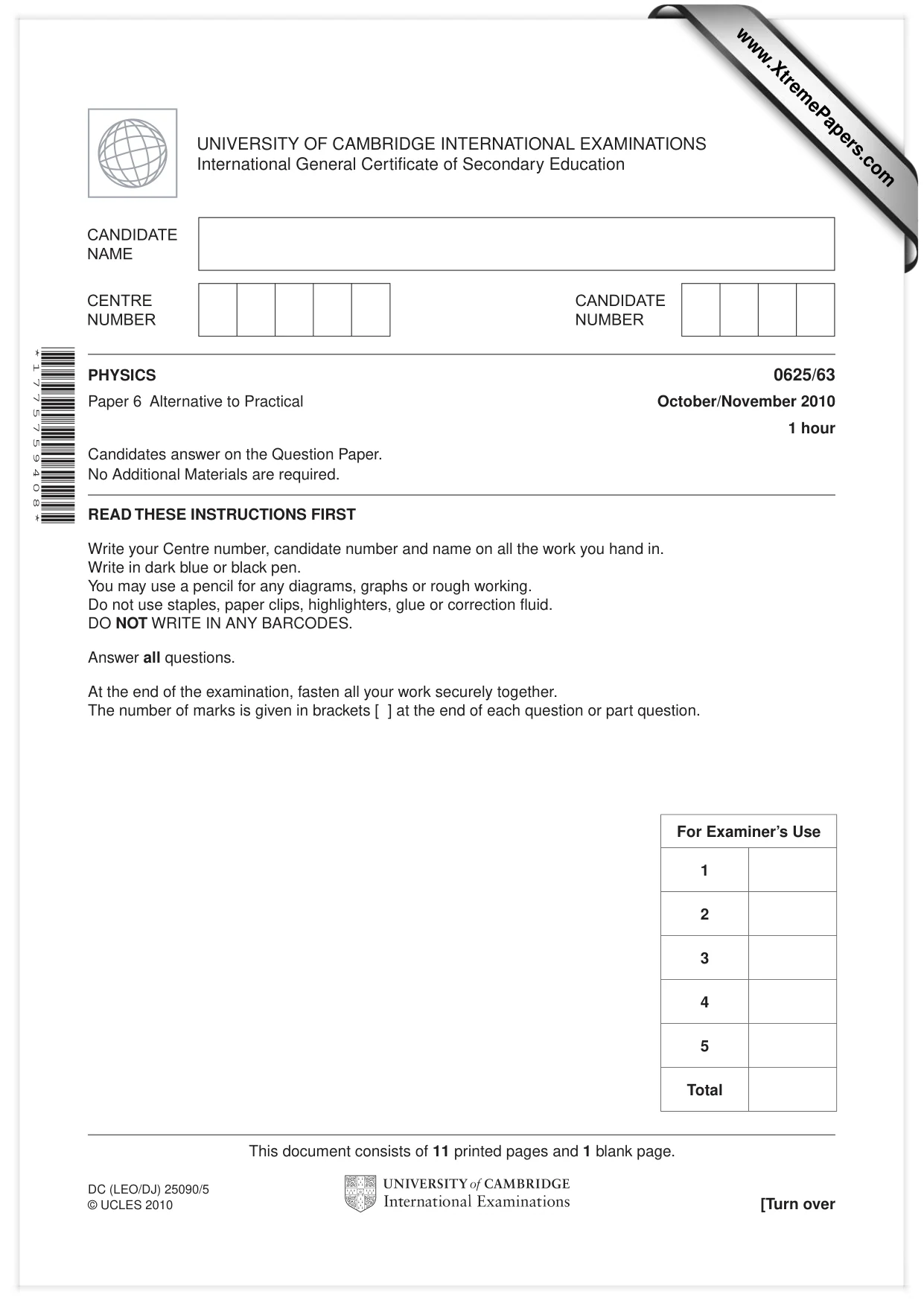 Cambridge IGCSE Physics 0625 2010 Oct/Nov Paper 6 · Variant 3 question paper, page 1 of 12
