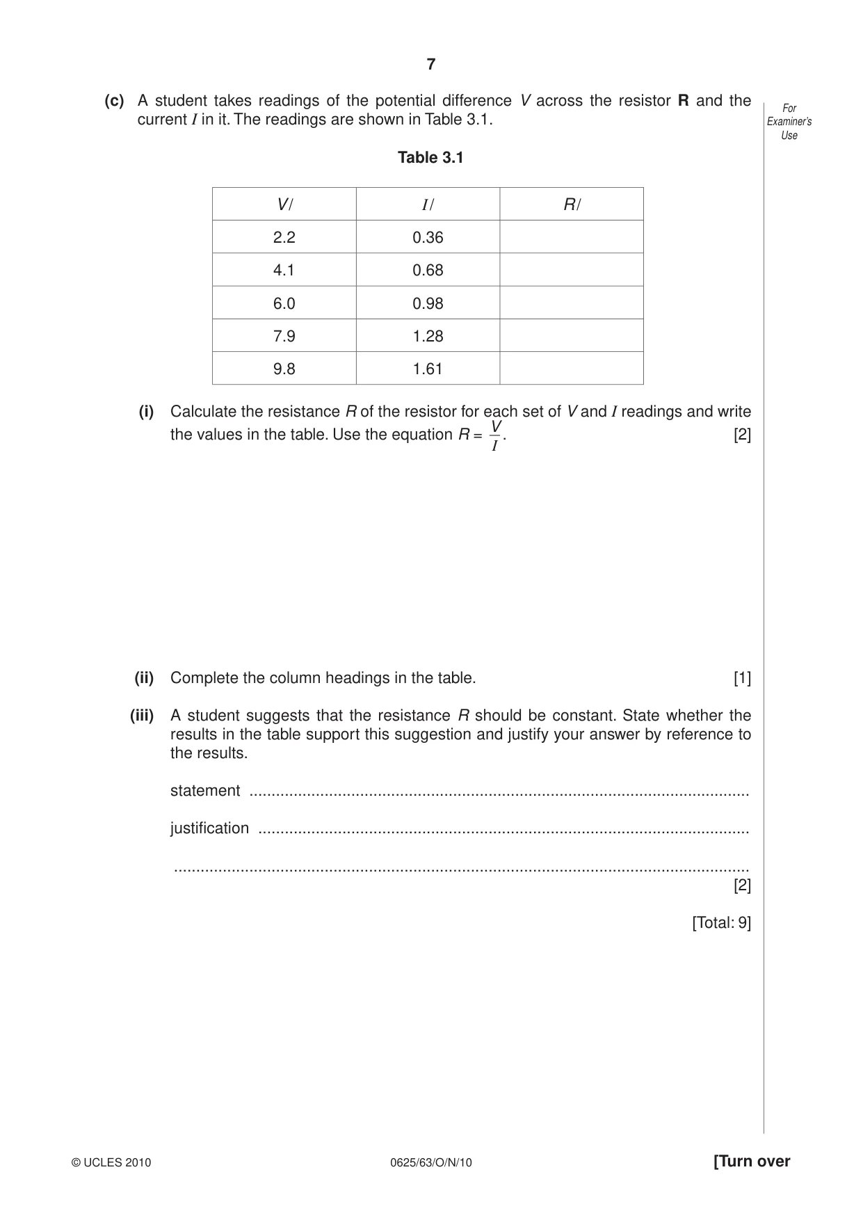 Cambridge IGCSE Physics 0625 2010 Oct/Nov Paper 6 · Variant 3 question paper, page 7 of 12