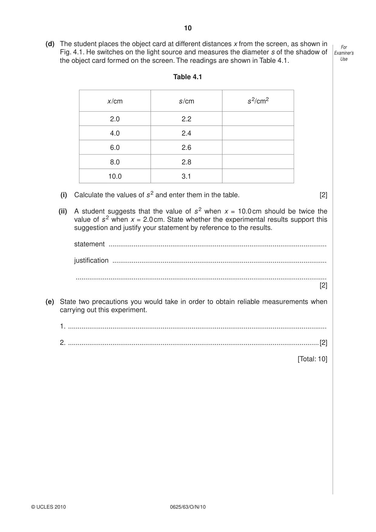 Cambridge IGCSE Physics 0625 2010 Oct/Nov Paper 6 · Variant 3 question paper, page 10 of 12