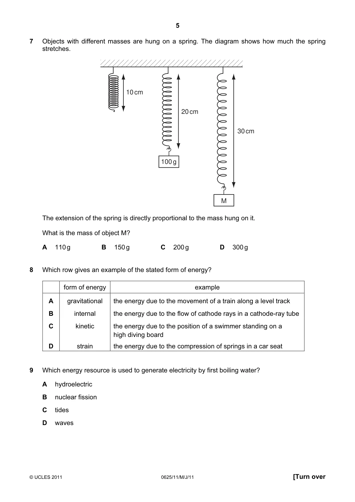 Cambridge IGCSE Physics 0625 2011 May/June Paper 1 · Variant 1 question paper, page 5 of 20