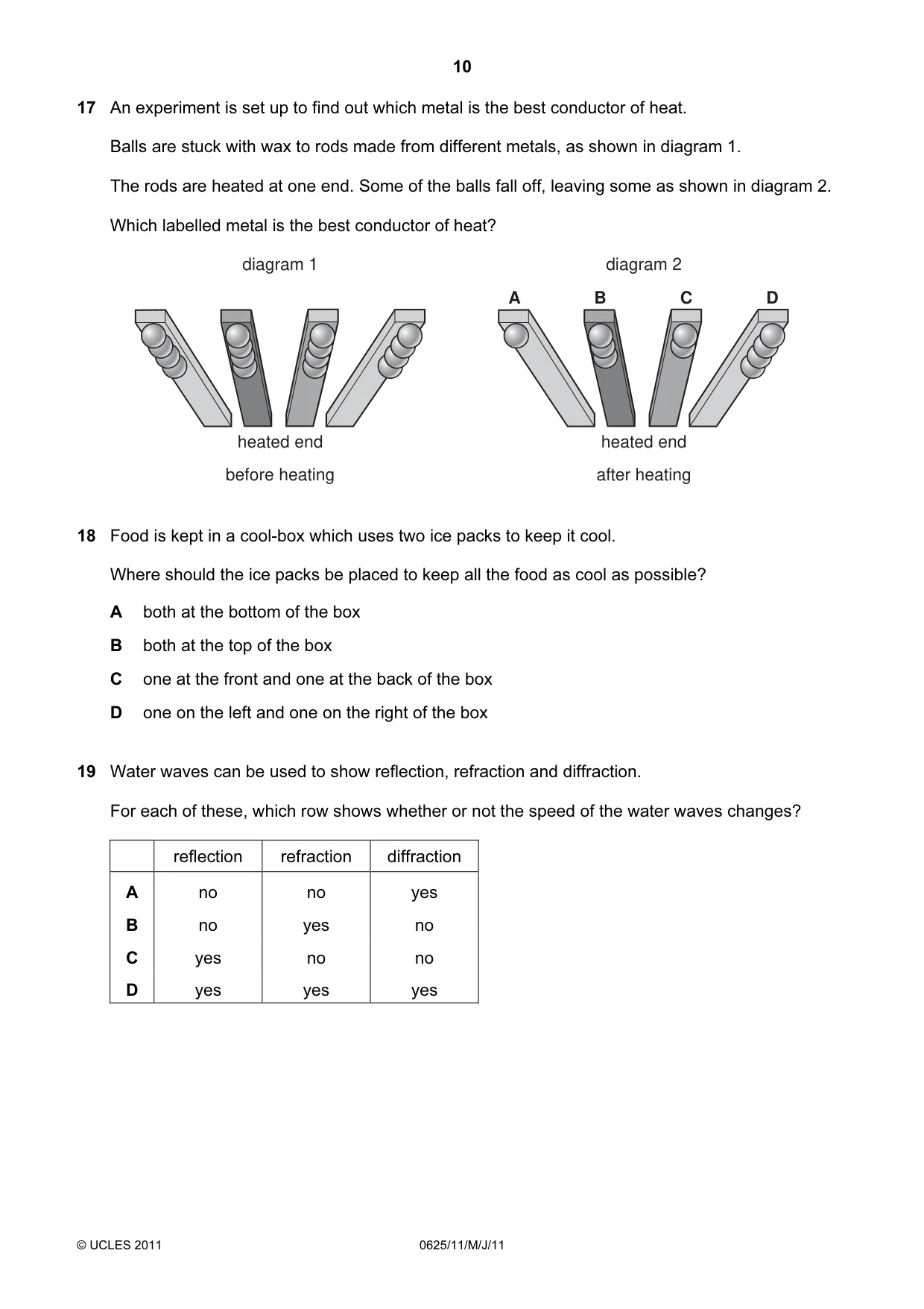 Cambridge IGCSE Physics 0625 2011 May/June Paper 1 · Variant 1 question paper, page 10 of 20