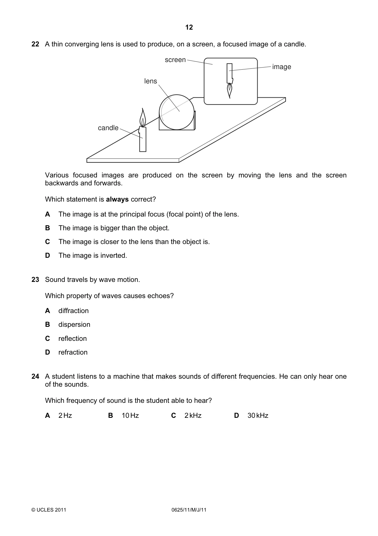 Cambridge IGCSE Physics 0625 2011 May/June Paper 1 · Variant 1 question paper, page 12 of 20