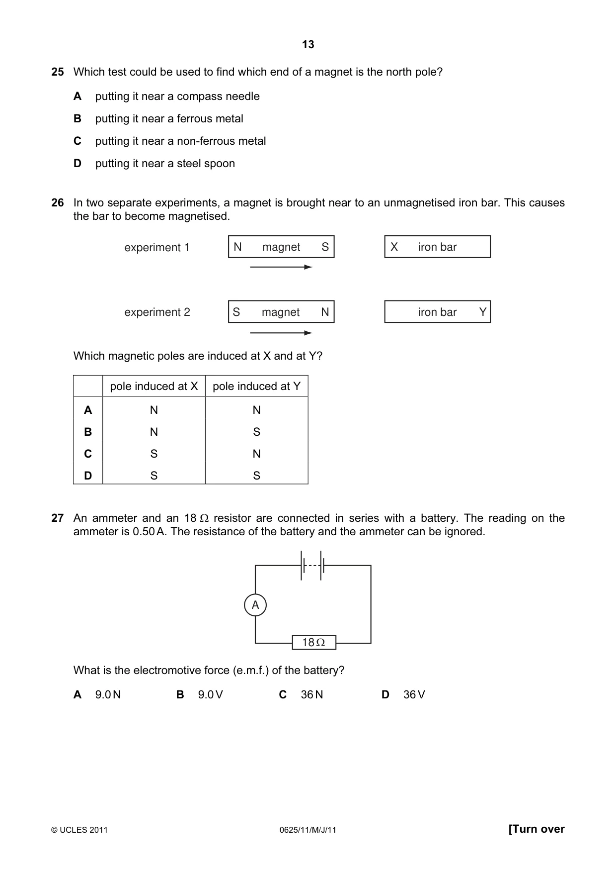 Cambridge IGCSE Physics 0625 2011 May/June Paper 1 · Variant 1 question paper, page 13 of 20