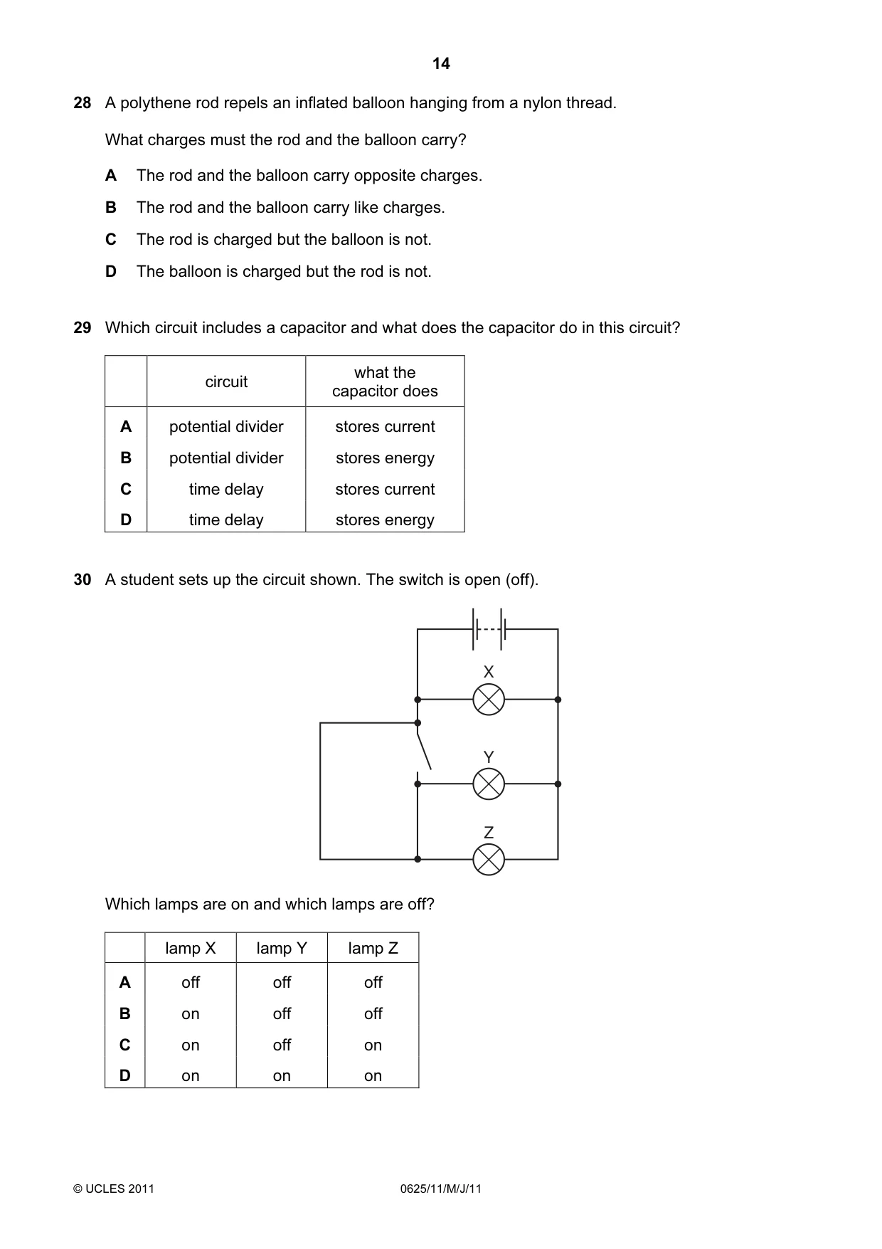 Cambridge IGCSE Physics 0625 2011 May/June Paper 1 · Variant 1 question paper, page 14 of 20