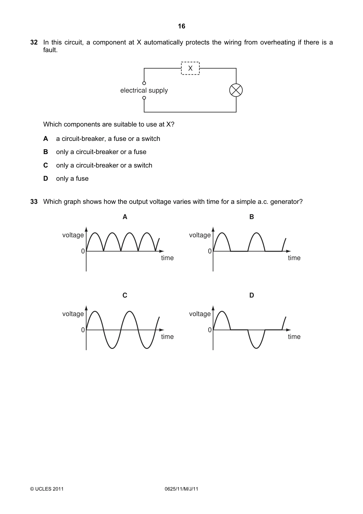 Cambridge IGCSE Physics 0625 2011 May/June Paper 1 · Variant 1 question paper, page 16 of 20