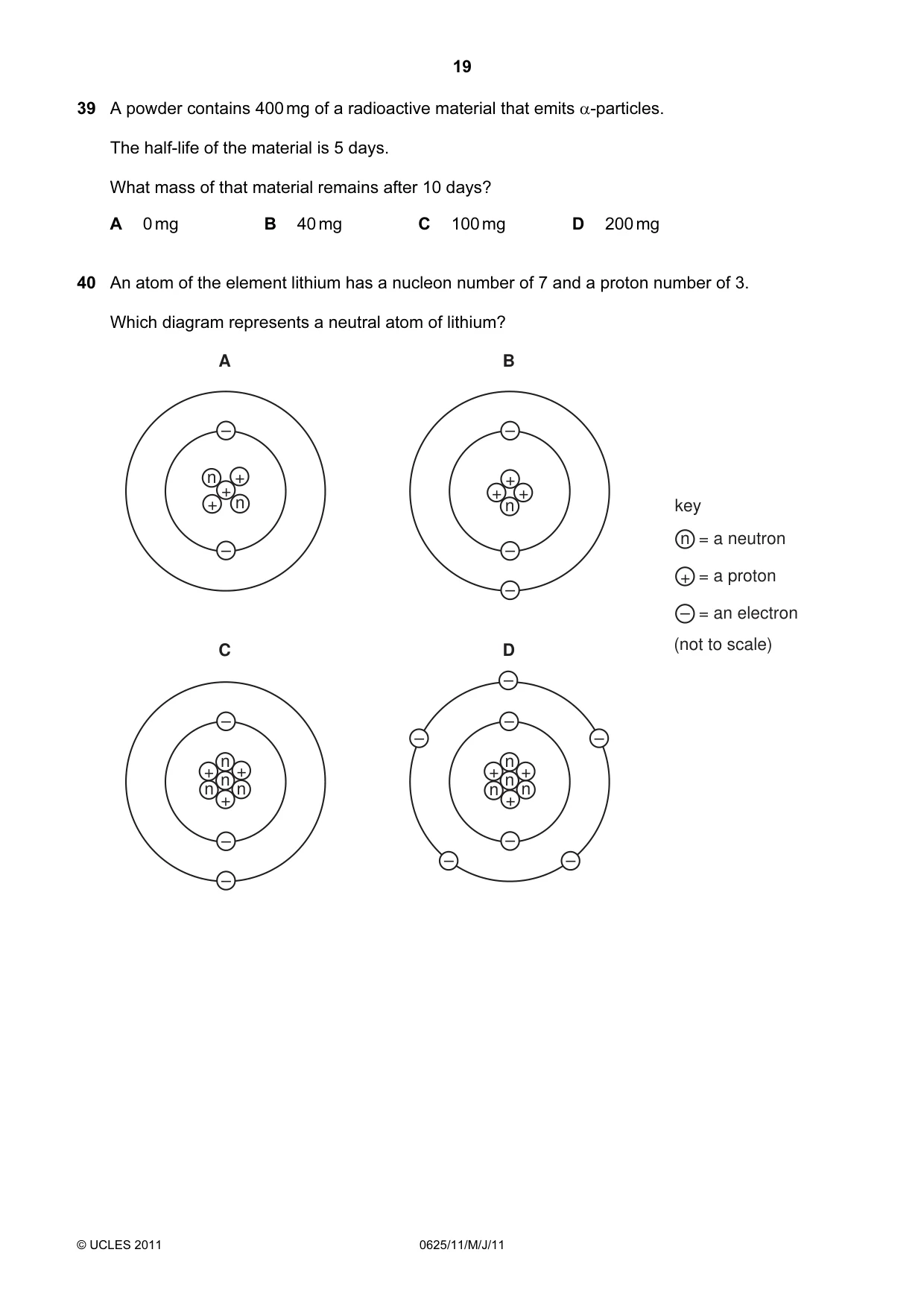 Cambridge IGCSE Physics 0625 2011 May/June Paper 1 · Variant 1 question paper, page 19 of 20