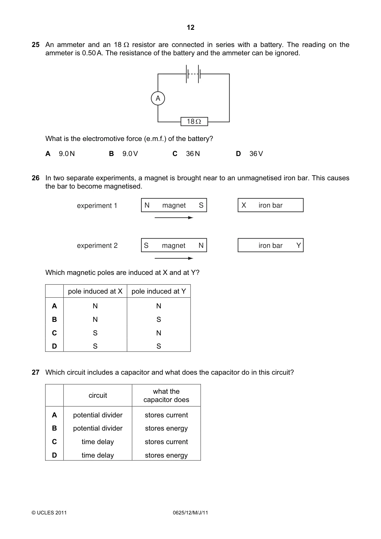 Cambridge IGCSE Physics 0625 2011 May/June Paper 1 · Variant 2 question paper, page 12 of 20