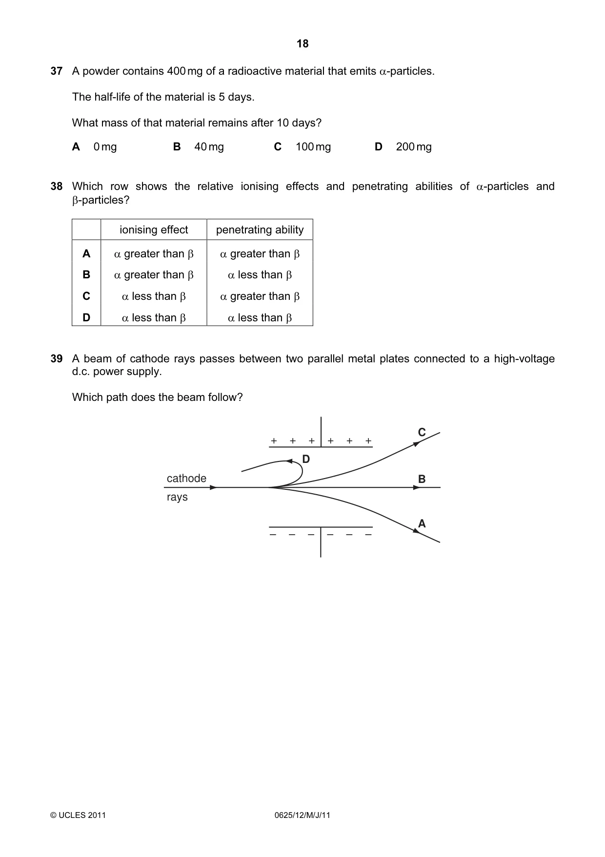 Cambridge IGCSE Physics 0625 2011 May/June Paper 1 · Variant 2 question paper, page 18 of 20