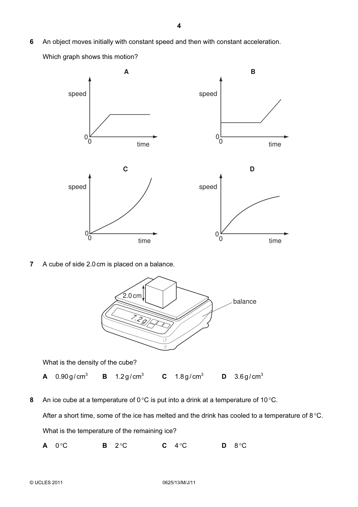 Cambridge IGCSE Physics 0625 2011 May/June Paper 1 · Variant 3 question paper, page 4 of 20