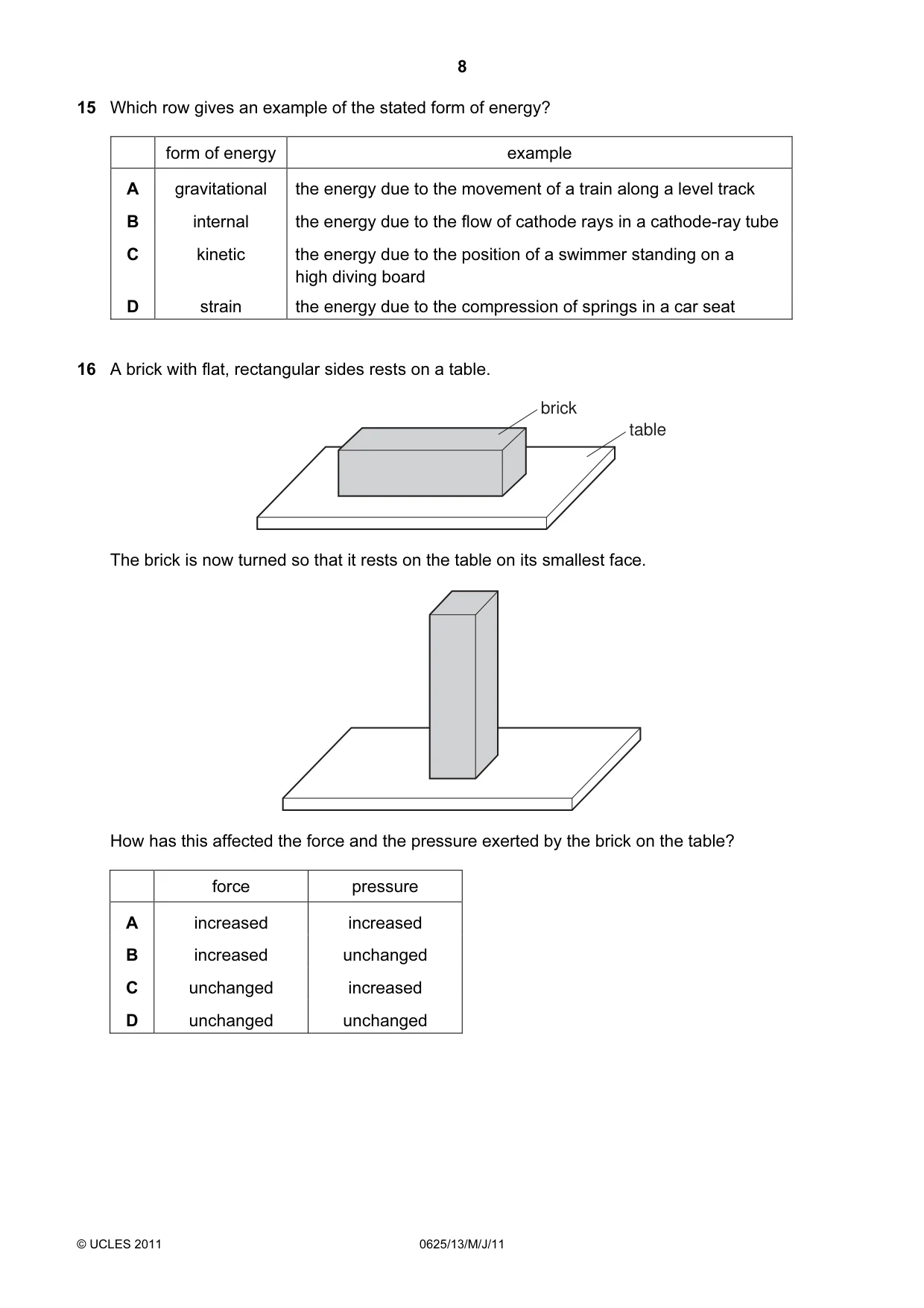 Cambridge IGCSE Physics 0625 2011 May/June Paper 1 · Variant 3 question paper, page 8 of 20