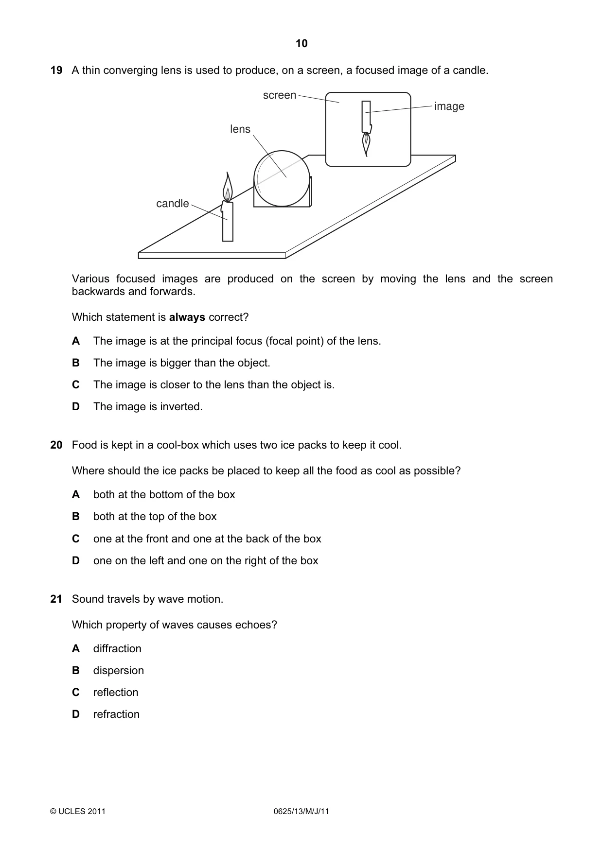 Cambridge IGCSE Physics 0625 2011 May/June Paper 1 · Variant 3 question paper, page 10 of 20