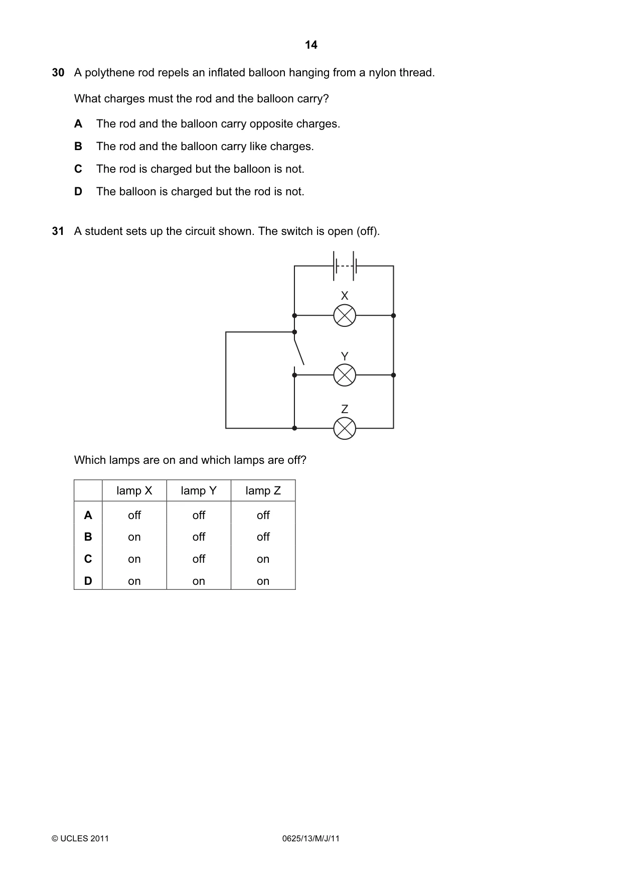 Cambridge IGCSE Physics 0625 2011 May/June Paper 1 · Variant 3 question paper, page 14 of 20