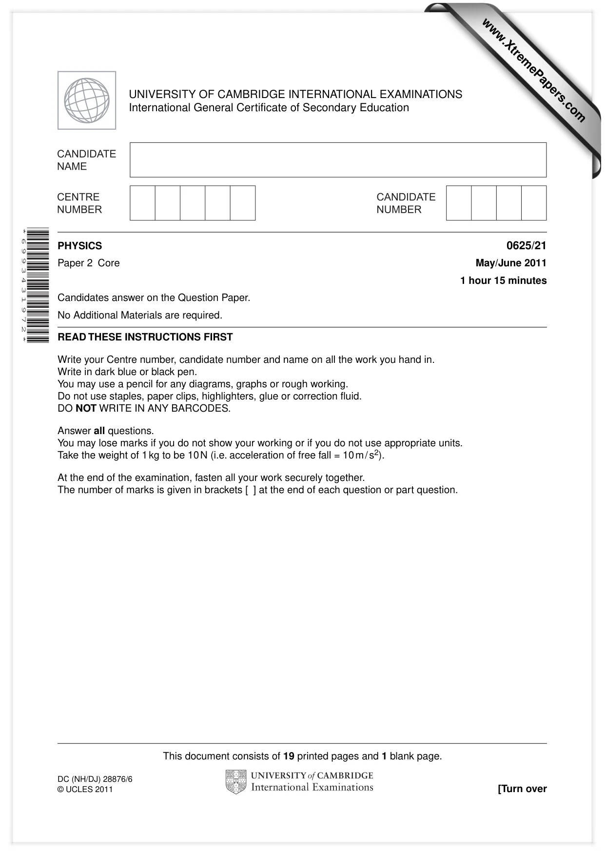 Cambridge IGCSE Physics 0625 2011 May/June Paper 2 · Variant 1 question paper, page 1 of 20