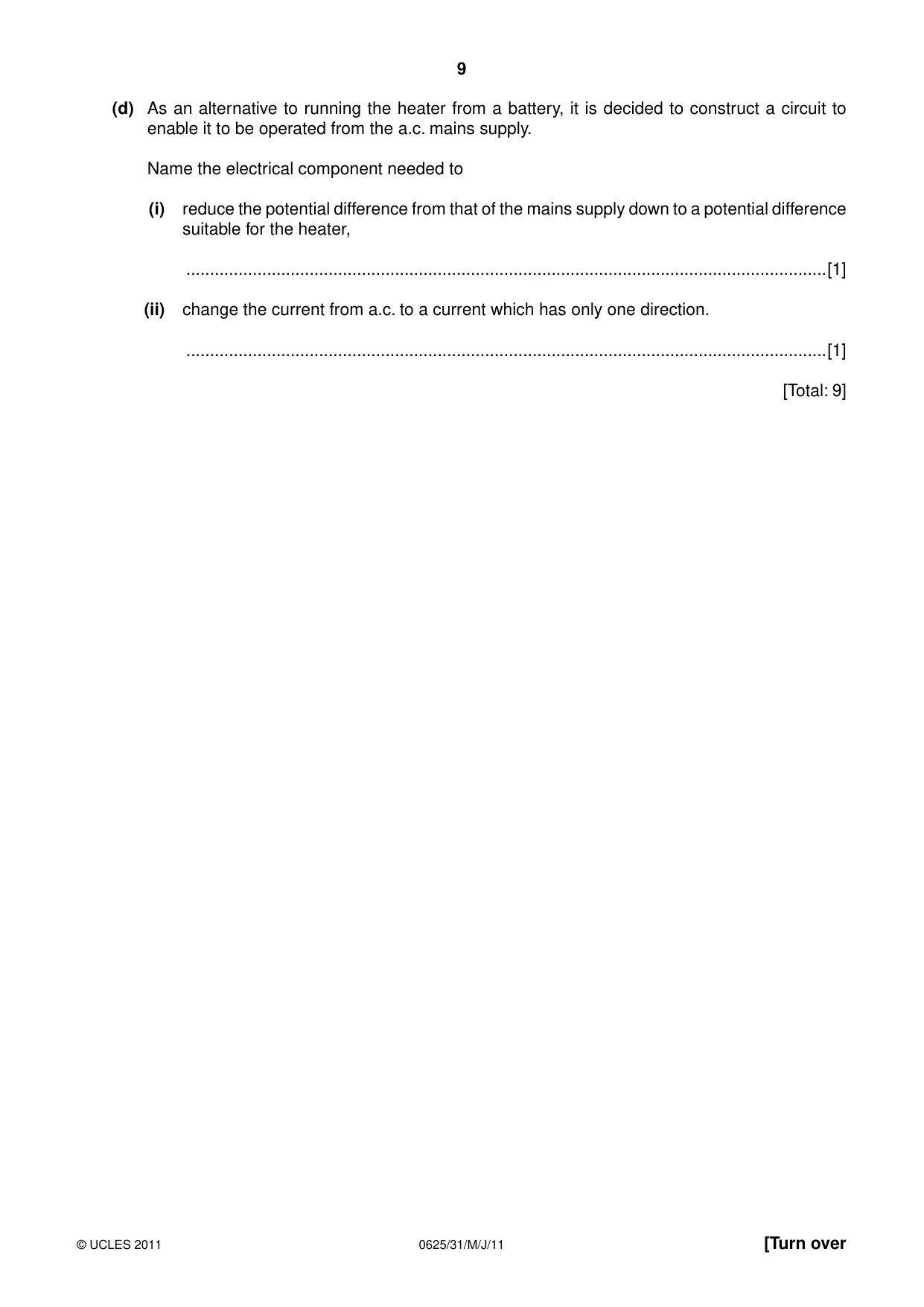 Cambridge IGCSE Physics 0625 2011 May/June Paper 3 · Variant 1 question paper, page 9 of 20