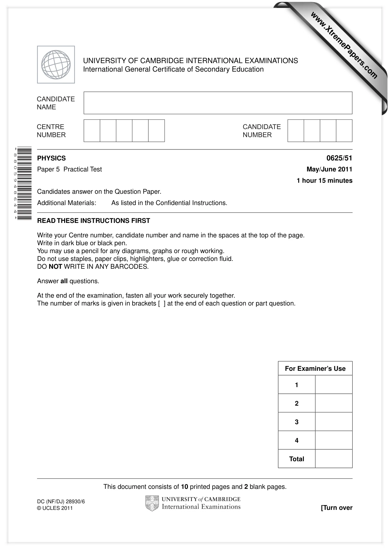 Cambridge IGCSE Physics 0625 2011 May/June Paper 5 · Variant 1 question paper, page 1 of 12