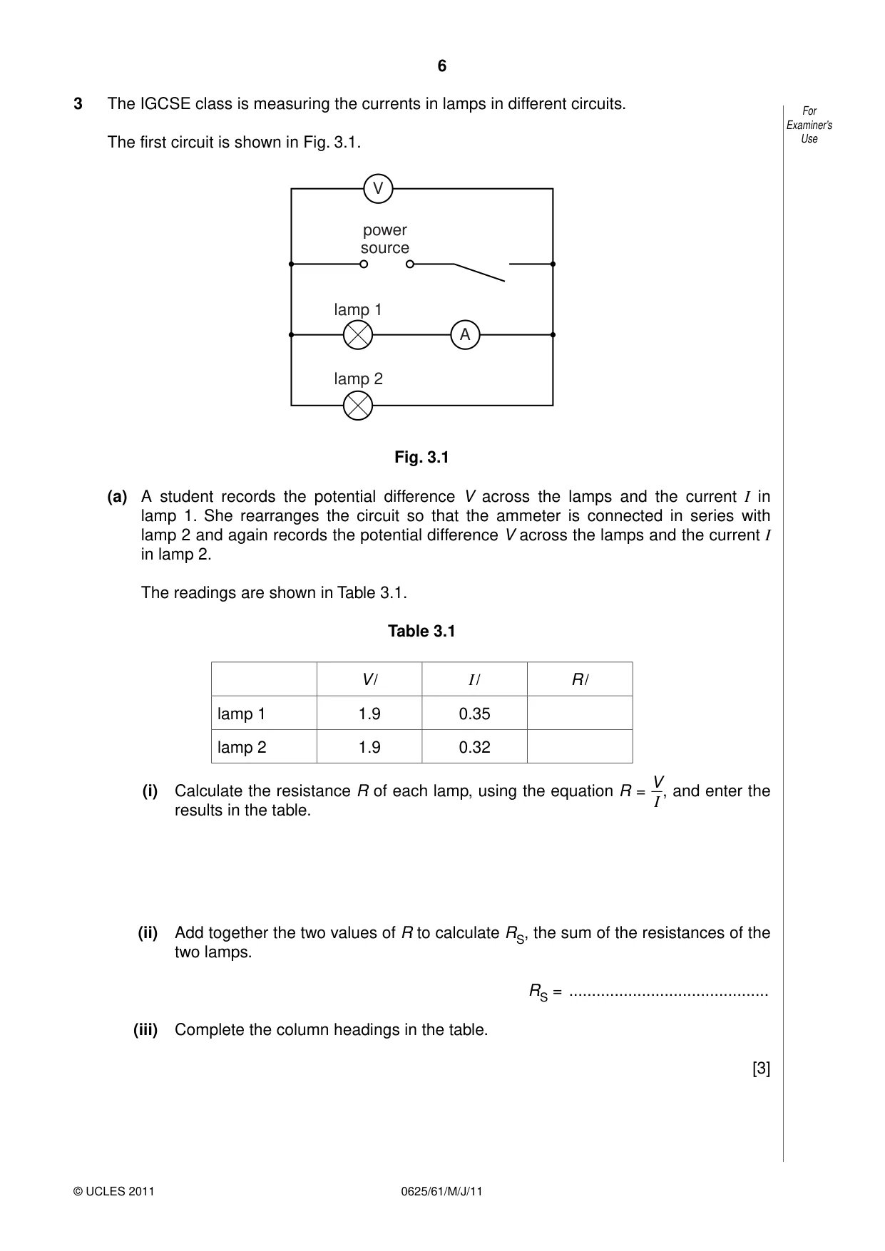 Cambridge IGCSE Physics 0625 2011 May/June Paper 6 · Variant 1 question paper, page 6 of 12